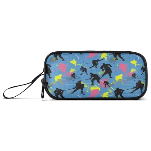 Image of Caikeny Pencil Case Hockey Sticks Pen Bag Orange Stars Blue Large Capacity Pencil Box Pen Pouch with Zipper Cosmetic Organizer for Kids Teens Adults