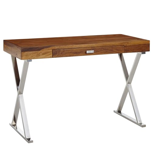 FineBuy Schreibtisch 120x55x78 cm Sheesham Massivholz/Metall, Design Bürotisch mit Schublade, HomeOffice Laptoptisch Computertisch mit Stauraum Silber