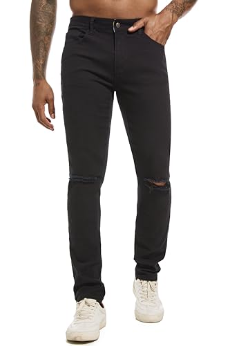 MZNBURAM Men's Knee Ripped Slim-Fit Skinny Stretch Cotton Taper Fit Jeans Pants (40, B#Black)