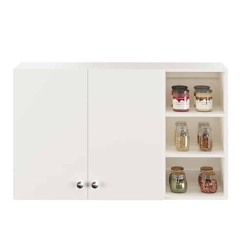 Image of FURNEASER Lismore Kitchen Storage Cabinet Rack Shelf Multipurpose Wooden Wall Mounted Spice Jar Shelves for Storage Organizer Containers Hanging Shelves with 2 Door (White)