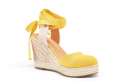 Image of Nailyhome Women's Espadrille Wedge Sandals Closed Toe Lace Up Platform Ankle Wrap Summer Casual Shoes