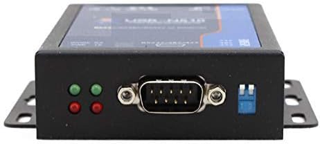 Close-up of the USR-N510's serial port, indicator LEDs, and DIP switches.