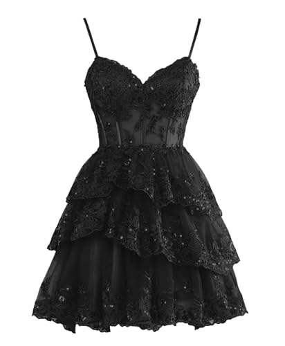 Women's Short Sparkly Tulle Homecoming Dresses Spaghetti Straps Mini Prom Party Dress for Teens Lace Applique Tiered A-line