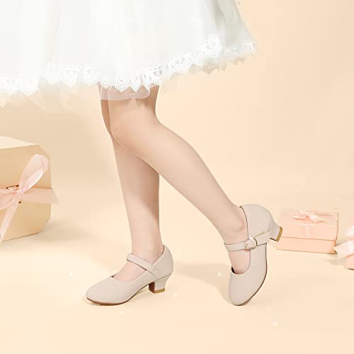 Pandaninjia Molly Girls Dress Shoes Mary Jane Heels Flower Wedding Party Back To School Pump Shoes For Toddler Little Kid (Nude Nubuck, 9 Toddler) #TOP2