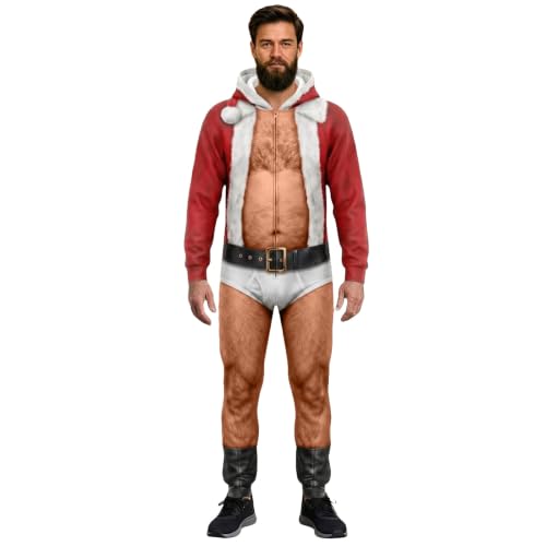 Men Ugly Christmas Hooded Onesie Funny Fake Muscle Full Zip Jumpsuit Pajama - image 1