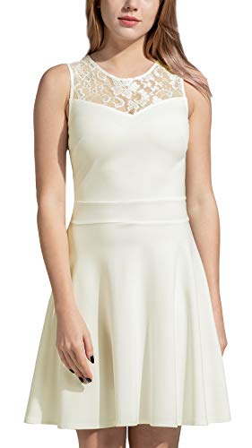Image of Women's A-Line Pleated Sleeveless Little Cocktail Party Dress with Floral Lace