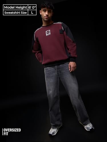 Image of The Souled Store Deadpool: Red Menace Men and Boys Long Sleeve Round Neck Burgundy Colour-Block Cotton Blend Drop Shoulder Streetwear Winter Ready Causual Heavy Fleece Oversized Fit Sweatshirt