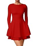 XXTAXN Women's Sexy Crew Neck Long Sleeeve Flowy Hem Cocktail Club Corset Mini Dress with Side Pocket Red