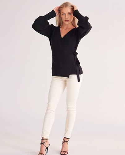 Image of Women's Balloon Sleeves Ribbed Knitted Tie Front Sweater