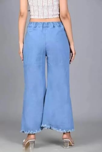 Image of Women's Denim Cotton Palazzo Pants, Mid Rise Relaxed Fit, Wide Leg Jeans Style, Casual Wear Trousers
