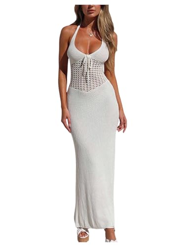 Milumia Women's Hollow Out Tie Backless Halter Beach Dress Sexy Deep V Neck Knitted Maxi Dresses White Medium