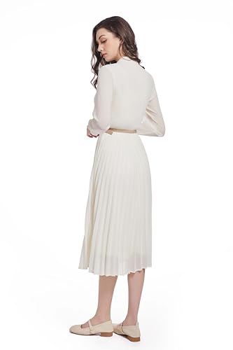 Image of Business Casual Shirt Dress for Women Long Sleeves Pleated Midi Dresses with Belt