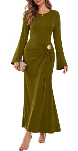 Sipaya Maxi Bodycon Dresses for Women Wedding Guest Formal Business Casual Long Sleeve Cocktail Outfits Midi Fall Fashion Winter Clothing Funeral Olive Green L - image 1