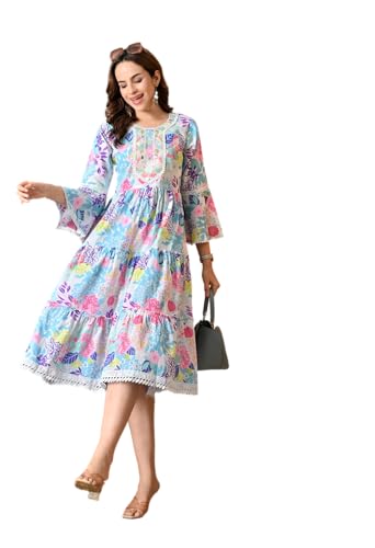 Image of LIBOZA 100% Cotton Floral Print Tiered Midi Dress, Bell Sleeves, Lace Trim Detail, White and Multicolour for Women, Office, Party, All Occassions