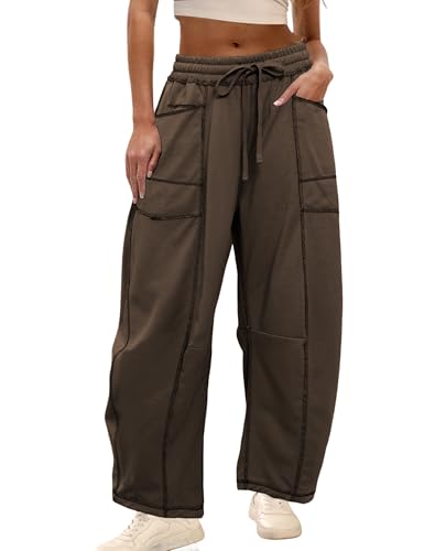 Womens Slouchy Barrel Sweatpants Mid Waisted Wide Leg Pants Drawstring Athletic Baggy Pants Lounge Sweats