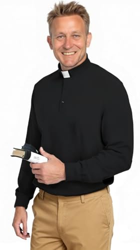 ANDHOM Mens Clergy Tab Collar Polo Shirt Long Sleeve Pastor Minister Preacher Shirt Priest Tops Jet Black