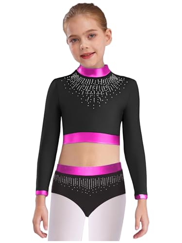 Kids Girls 2 Piece Gymnastics Dance Outfit Sparkle Dancewear Long Sleeve Crop Tops with Briefs Set