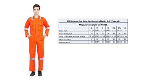 Image of MEN'S 100% COTTON FIRE RETARDANT INDUSTRIAL WORK WEAR COVERALL BOILER SUIT WITH REFLECTIVE TAPE 245 GSM (L - 40, ORANGE)