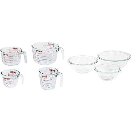 Amazon.com: Pyrex Juego de tazas medidoras de vidrio (4 piezas, apto para  microondas y horno), juego de tazones de mezcla transparentes y de vidrio  (juego de 3 piezas, apto para anidar, microondas