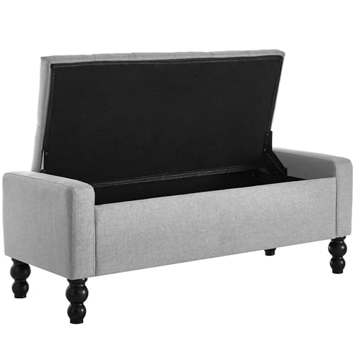 Image of 50 inch W Storage Ottoman Bench with Safety Hinge, Load up to 660 lb Ottoman with Storage, Upholstered Tufted Entryway Bench with Seating for Living Room, Bedroom, Light Gray