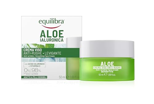 Equilibra, Aloe Ialuronica Crema Viso Anti-Rughe Levigante, con Aloe Vera e Aloe 3+, Acido Ialuronico e Vitamina E, Adatta a Pelli Sensibili, Contrasta i Segni del Tempo, Azione Levigante, 50 ml