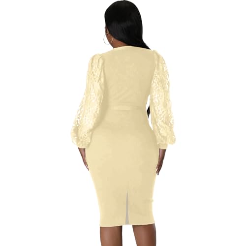 Image of BOGURST Semi Formal Church Dresses for Women Bishop Sleeve Sexy V Neck Bodycon Midi Dresses