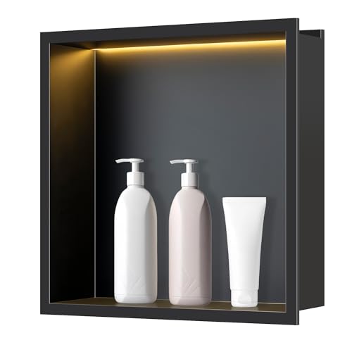 FTL Wandnische Dusche mit LED Schwarz 30x30cm,Edelstahl Wandnische Badezimmer mit Warmweiss 3000K LED Licht(Nicht dimmbar),Keine Fliesen Erforderlich,Eingebettete Duschnische für Bad Wasserdichet.