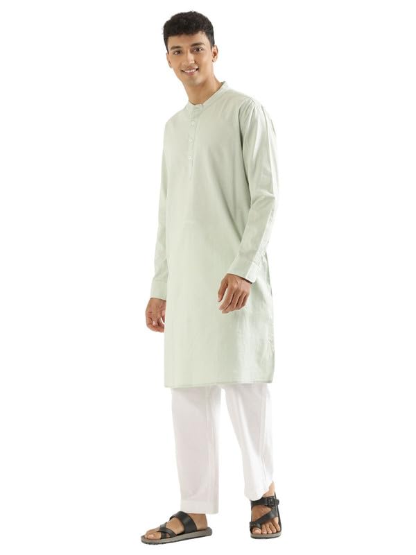 Image of SAADAA Men's Long Kurta - Linen Cotton Blend, Airy Fabric, Regular Fit, Mandarin Collar, Solid Color - Casual, Festive & Ethnic Wear