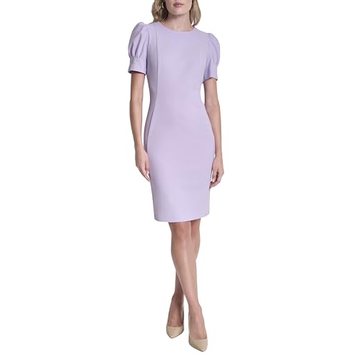 Image of DKNY Women's Short Puff Sleeve Knee Length Sheath Dress with Exposed Back Zipper