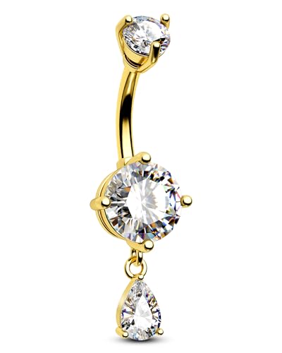 CM Crareesi Mania Dangle Belly Button Ring Teardrop Belly Rings 316L Surgical Steel Belly Button Piercing Jewelry Gold Belly Piercing Jewelry for Women