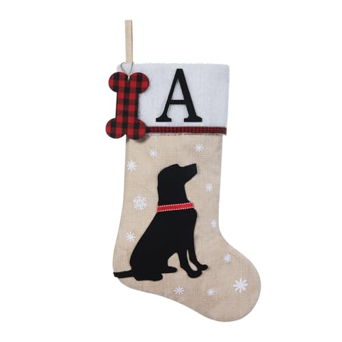 Shgngle 20 Inches Pets Initial Christmas Stocking,Dog Christmas Stocking Personalized with Dog Bone Hanging Wooden Ornament,Xmas Gifts for Pets(Letter A)