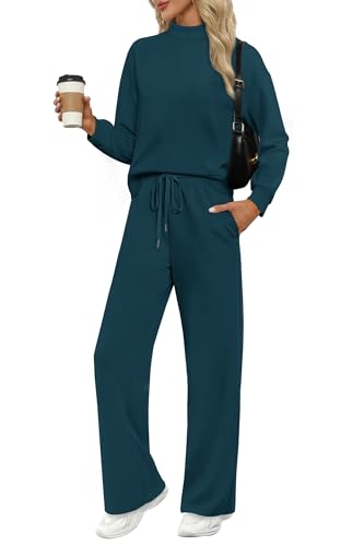 Image of WIHOLL Two Piece Sets for Women Fall Outfits Lounge Sets Mock Neck Tops Wide Leg Pants Vacation Travel Airport Outfits