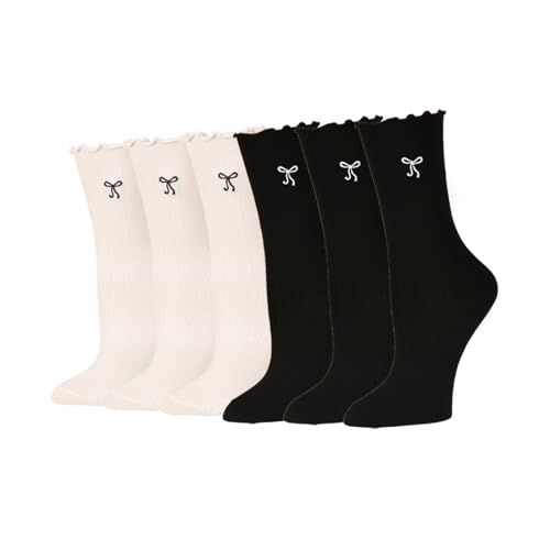 6 Pairs Women's Ruffle Socks Solid Color Lettuce Edge Comfort Breathable One Size 5-9 Ankle Casual Fashion Dress Sock