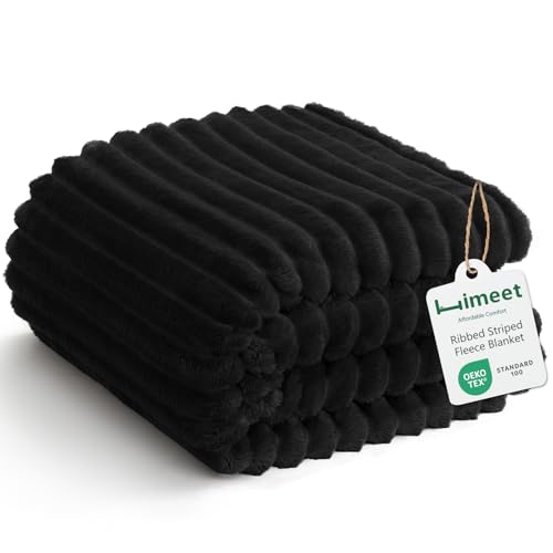 HIMEET Fleece Black Queen Blanket for Bed - 300GSM Ribbed Soft Cozy Bedding Blanket House Warming Gifts New Home Luxury Bedroom Decor Throws 90x90 Inches