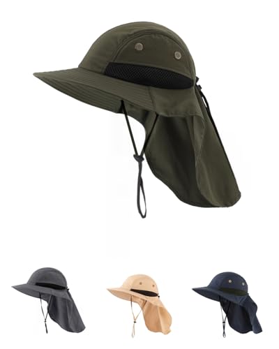 LLmoway Mens Mesh Flap Sun Hat UPF50+ Wide Brim Breathable Outdoor Fishing Cap