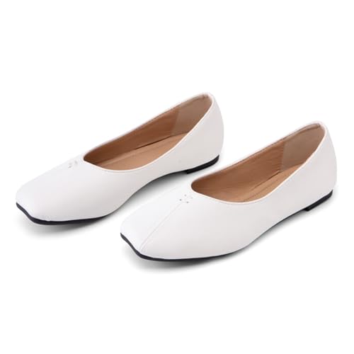 Alyaafifa Ballet Flats for Women Cute Closed Square Toe Comfortable Leather Slip On Dress Shoes Office Lady Working Casual Walking Daily