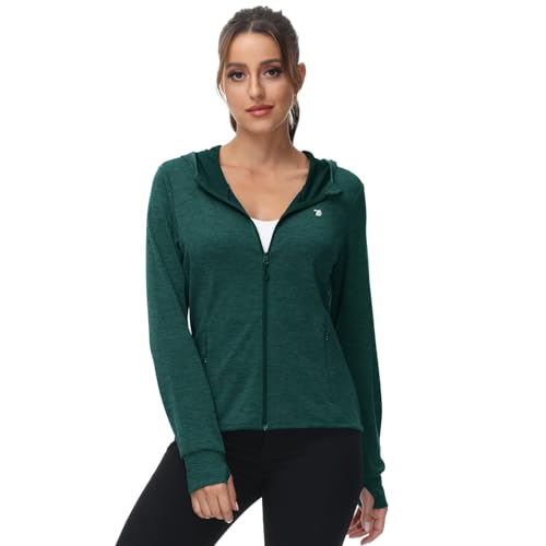 donhobo Damen Sportjacke Laufjacke Langärmlig Leicht Atmungsaktiv Full Zip Sweatjacke für Wandern Outdoor Running (Dunkelgrün, L)