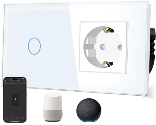 TAWOIA Normaler Steckdose mit Smart Wlan Lichtschalter (Neutralleiter erforderlich) mit Glasscheibe, Sprachsteuerung für Alexa, kompatibel mit Smart Life und Tuya App 1Fach Weg Weiß