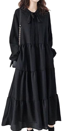 [Technorox] 黒ワンピース ティアード 薄手 長袖 ロング丈 Aライン リボン付き フォーマル パーティードレス 春秋 脚長効果 可愛い 大人可愛い 体型カバー 着痩せ シンプル レトロ 上品 レディース - Technorox - 商品画像