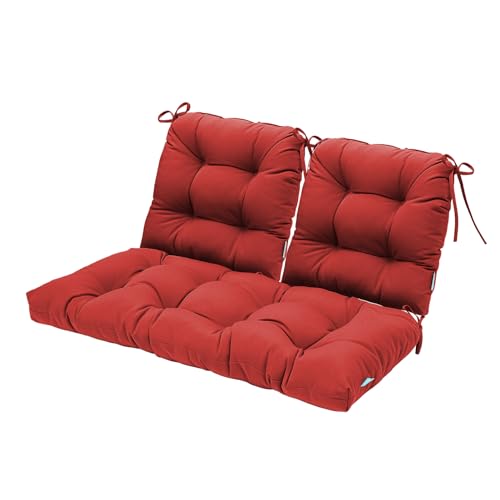 Image of QILLOWAY Outdoor Patio Cushions Set of 3, Wicker Furniture Cushions with Ties, Waterproof Loveseat & Seat Cushions for Patio Bench, Porch Chair, Outdoor Replacement Cushions, Red