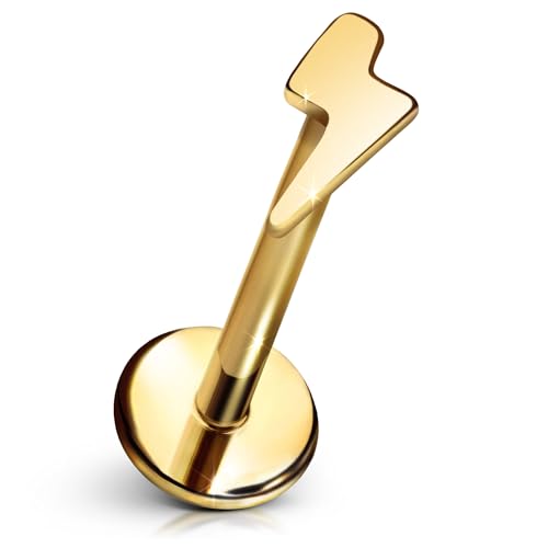 Cords Club Lightning Bolt Flat Back Stud ASTM-F136 Implant Grade Titanium - Push Pin Design for Sensitive Ears Available in 18K PVD Gold Plated & Titanium Silver (Single Earring)