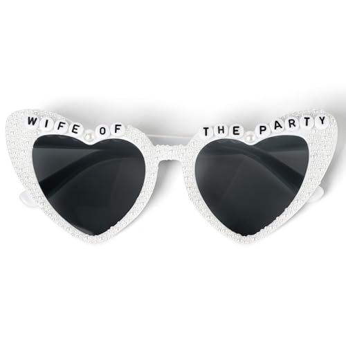 PANTIDE Wife Of The Party Sunglasses - Rhinestone Pearl Heart Shaped Sunglasses Bachelorette Bridal Shower Party Favors Glasses Accessories Eyewear Jewelry Gift for Bride Bridesmaid Women (White)