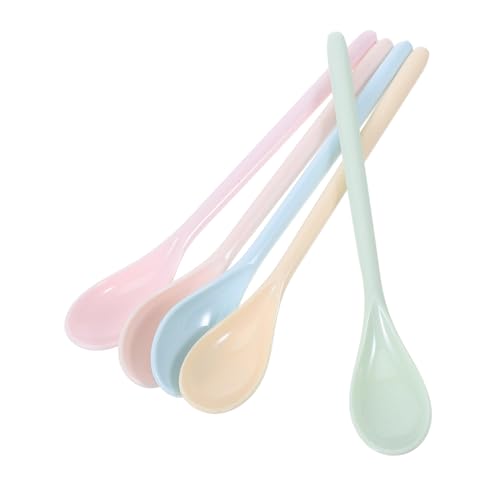 Cabilock 5 Pcs Long Handle Plastic Serving Spoons for Stirring Spoons for Home and Kindergarten Use Engaging Solid Color Encourage Eating