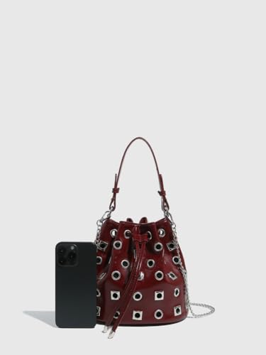 Studded Bucket Bag Women 2025 Trendy Spring Drawstring Purses Punk Hollow Out Shoulder Crossbody Bags Chain Tote Handbag3