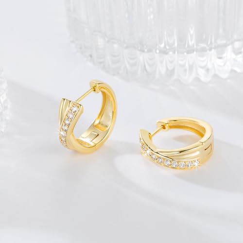 14K Gold Hoop Earrings 14K Gold Earrings for Women Thick Small Diamond Hoop Earring X-shaped Hoops Earring for Women 17MM 6