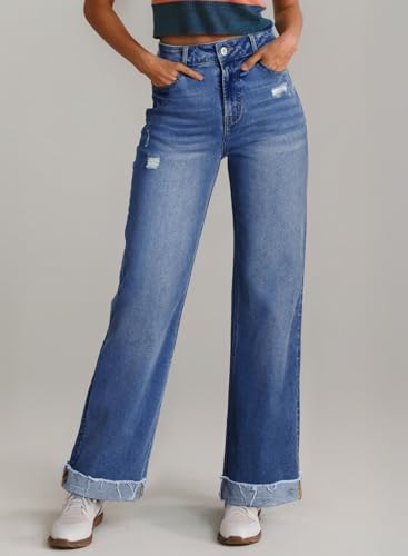 Sidefeel Women's Fleece Lined Jeans High Waisted Wide Leg Stretchy Distressed Straight Leg Loose Denim Pants2