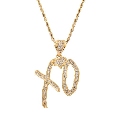 ZenVib Unise High Hip Hop XO Letter Pendant Necklace For Women Men Fashion Cubic Zirconia Exaggerate Creative Gift Jewelry (XO Gold)