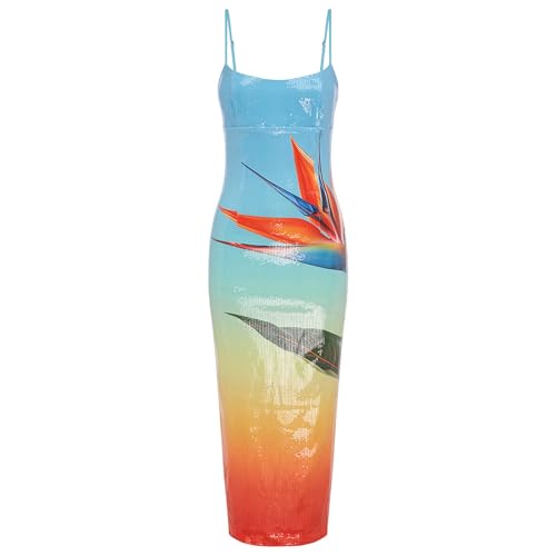 Image of Owl's-Yard Women Sexy Maxi Dress Y2K Spaghetti Strap Floral Print Low Cut Backless Slim Fit Sequins Long Cocktail Dress