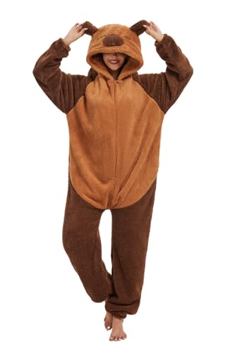 Niedlicher Capybara Einteiliger Schlafanzug Damen Winter Tierkostüm Erwachsene Kostüm Jumpsuit Unisex mit Reißverschlüsse Locker und Bequem Pyjama...