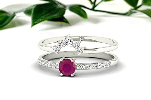 Engagement Wedding Ring Set, Solitaire Ruby Ring With Side Stone, Diamond Curved Stacking Ring White Gold #TOP1